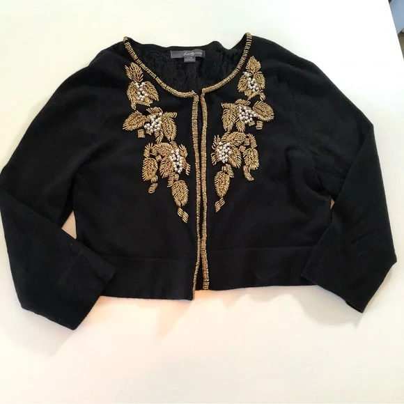 Twenty One Black Beaded Cardigan Sweater Women’s L Gold Beads Pearls Lace Lining - Picture 10 of 15